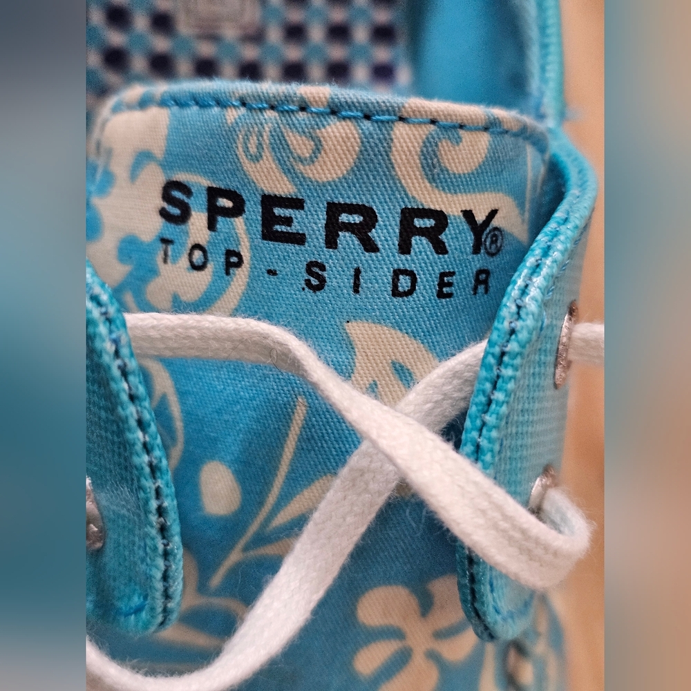 Sperry Top-Slider Floral Canvas Blue & Cream Boat Shoes  Size 8.5 - Picture 7 of 11